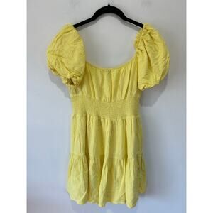 DNT yellow dress linen cotton blend size S sundress mini puff sleeve lined